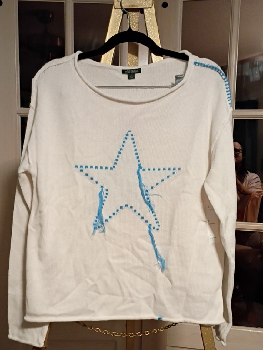 Wild FableWhite Knit Sweatshirt with Blue Star Stitching